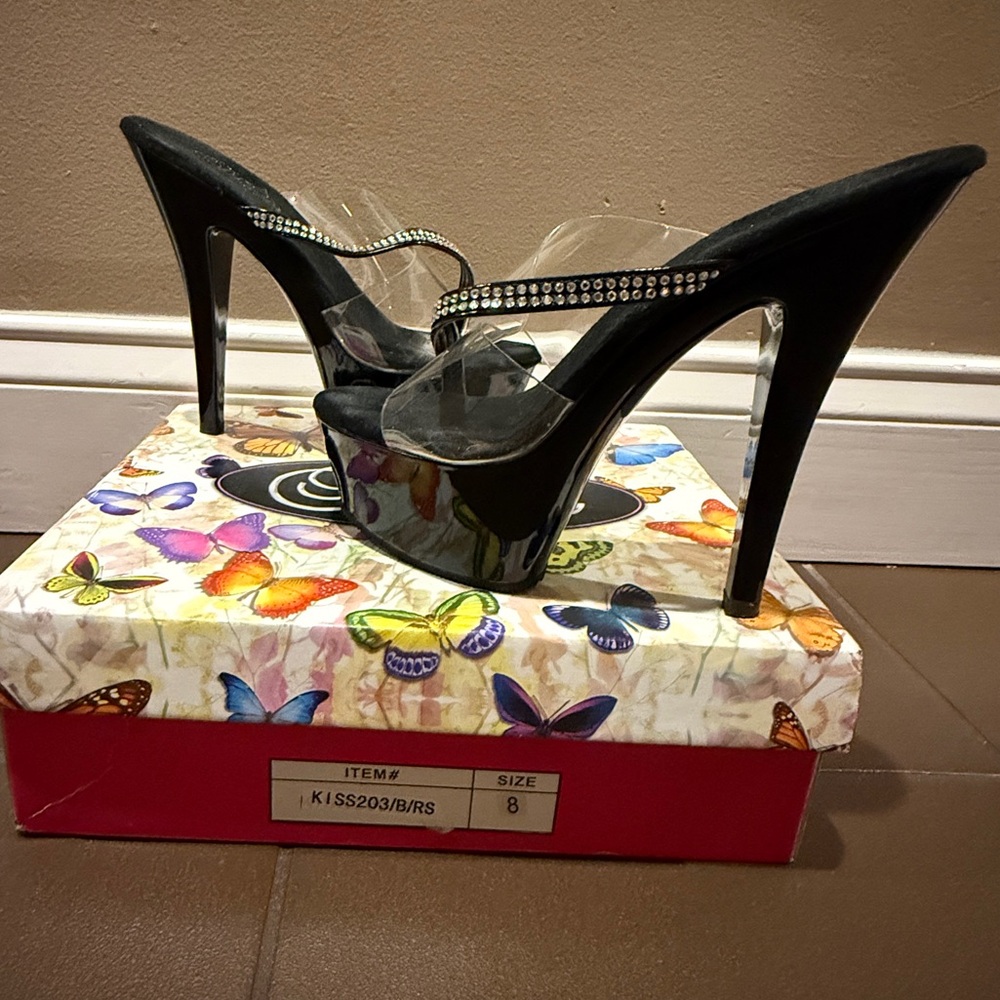 NEW Pleaser size 8 Black Stiletto Heels with Rhinestone Strap